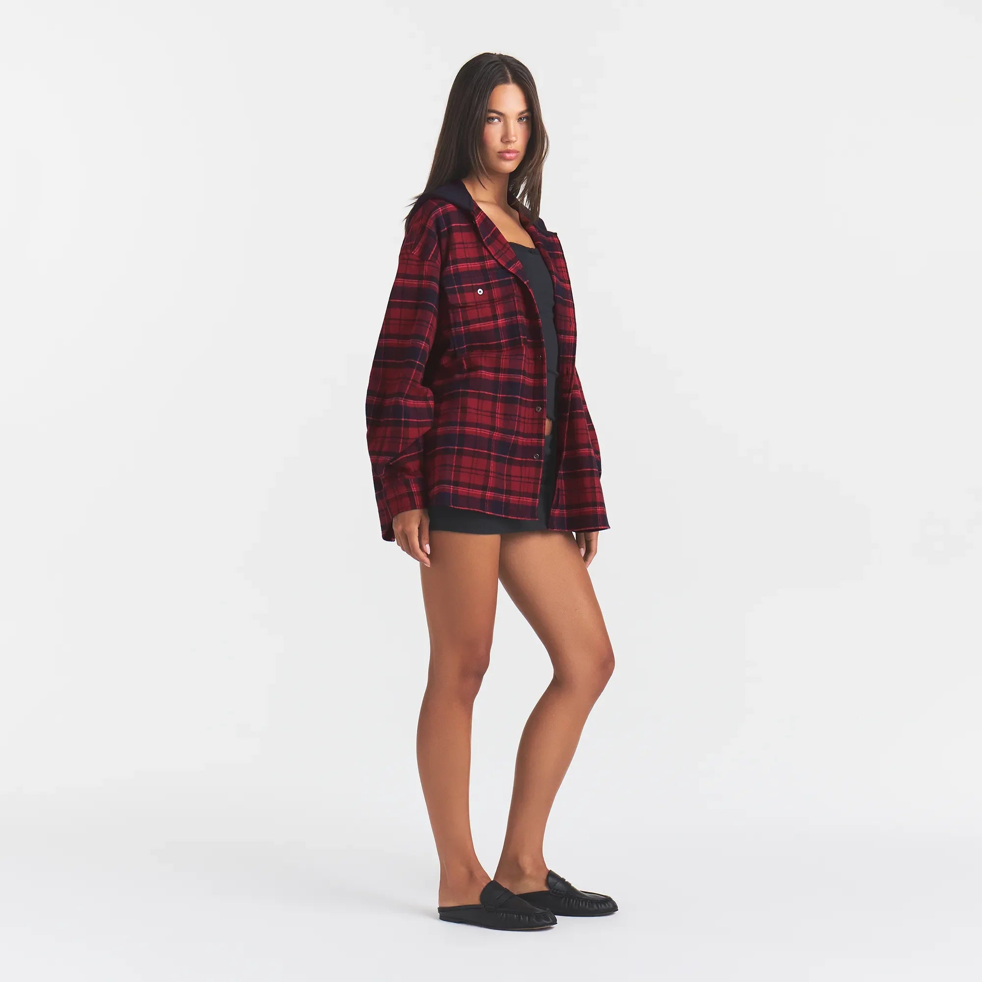OUTDOOR FLANNEL OVERSIZED HOODED SHIRT | MERLOT CABIN PLAID