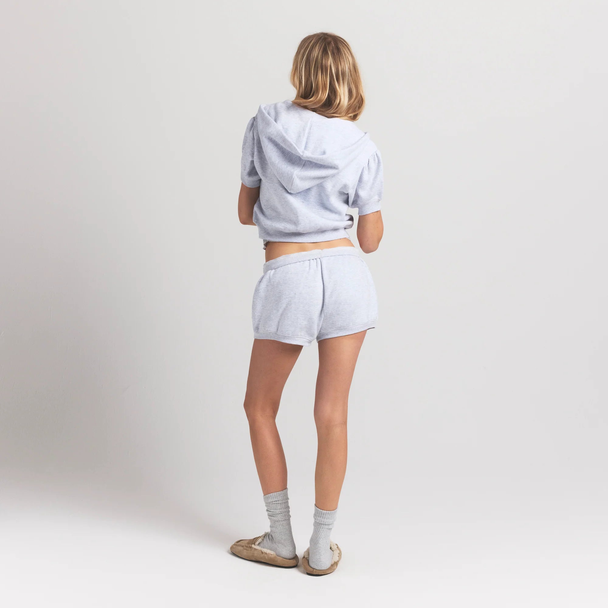 COTTON FLEECE BUBBLE SLEEVE CROPPED ZIP UP | LIGHT HEATHER GREY